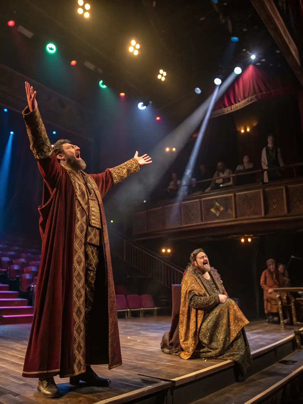 A captivating image of a live performance production, featuring a complex stage setup with intricate lighting and set design, highlighting the technical expertise of COMPAGNIE DU RHAPSODE.