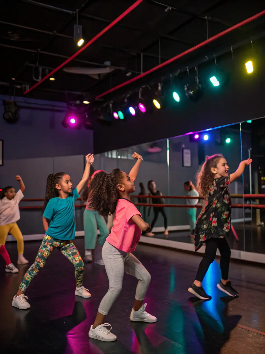 An engaging image of a 'Community Outreach Workshop, ' showing young participants actively involved in a dance or acting exercise, guided by instructors in a community center setting.