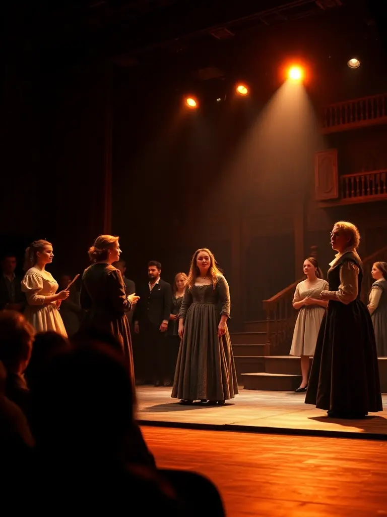 A vibrant image capturing a scene from the 'Theater Night Series, ' showcasing actors in costume on stage during a performance, with dramatic lighting and engaged audience members.